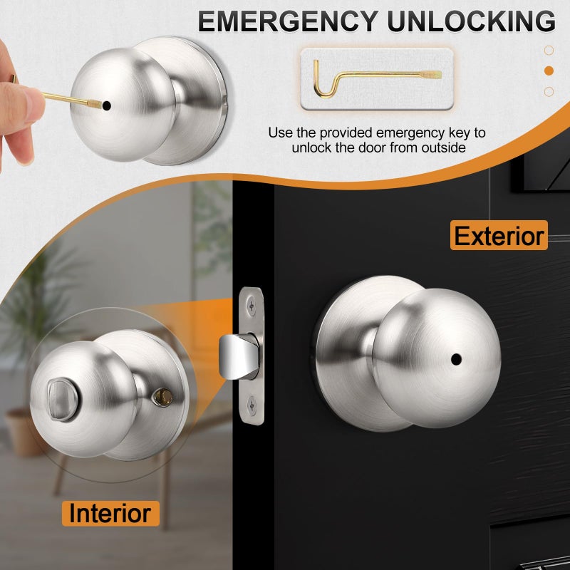 Probrico Keyless Privacy Door Knobs Bedroom Bathroom Locking Door Knob, Brushed Nickel Door Knob with Lock, No Key, Modern Flat Ball Interior Door Handles 10 Pack - Image 3